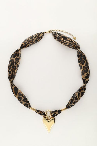 Panterprint cord ketting met statement hart - Goud