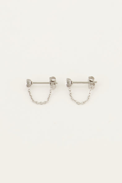 Oorbellen met ketting & steentje - Zilver