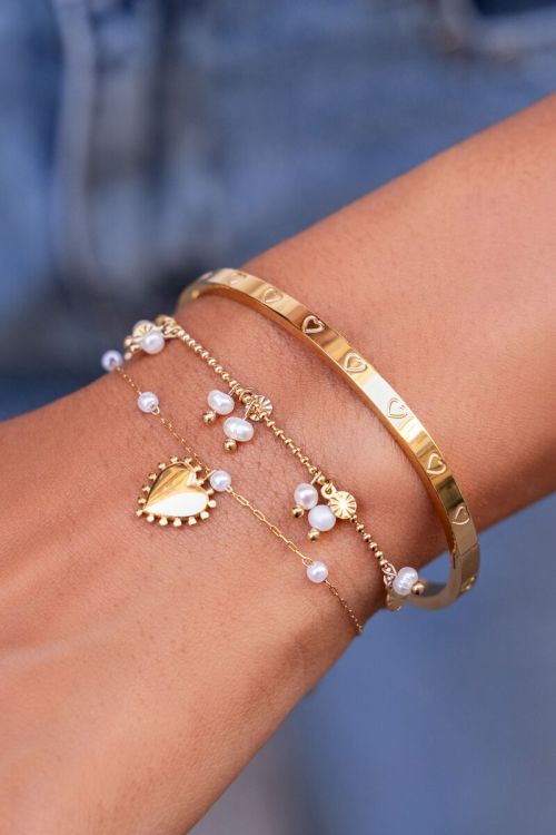 Armband met hartjes bedel en parels - Goud