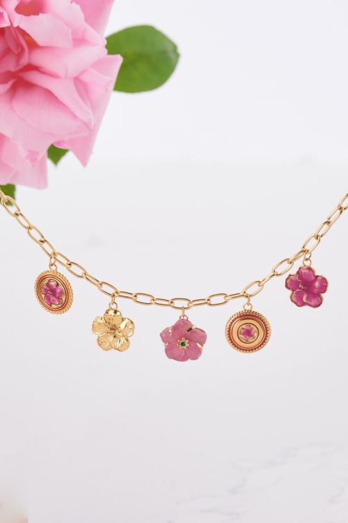 Island ketting met 5 bedel bloemen - Goud