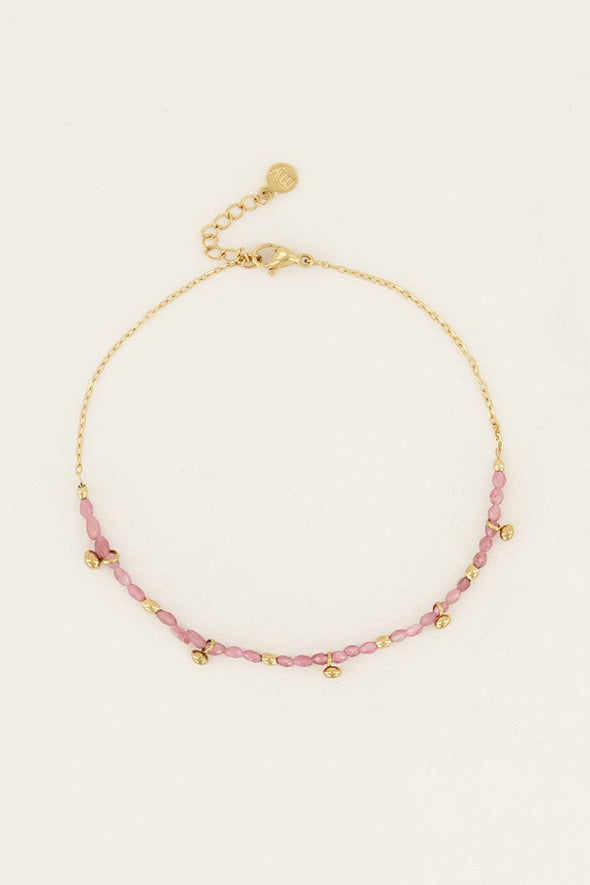 Vintage armband met roze kralen & bolletjes - Goud