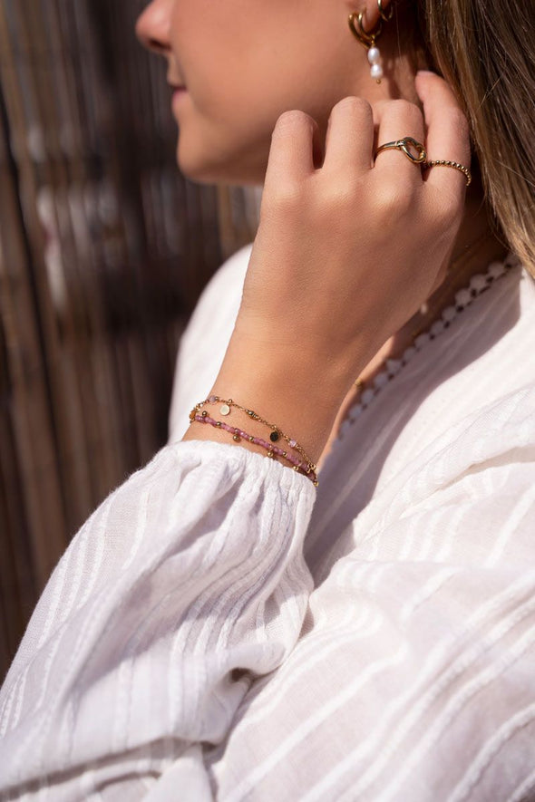 Vintage armband met roze kralen & bolletjes - Goud